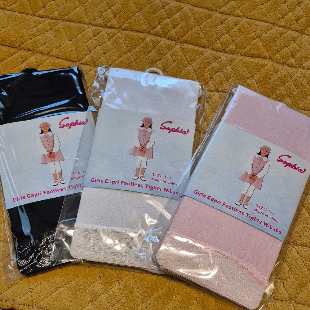 Girls Capri Footless Tights with Lace - Black, White, and Pink